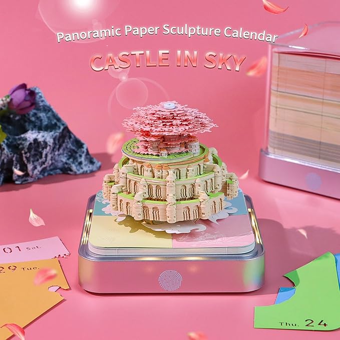 Time Piece Calendar,3D Art Calendar Memo Pad 2025 Creative Desk Calendar with Light,Castle in Sky Tear Away Paper Carving 3D Memo Pad Art Notepad Christmas Gift