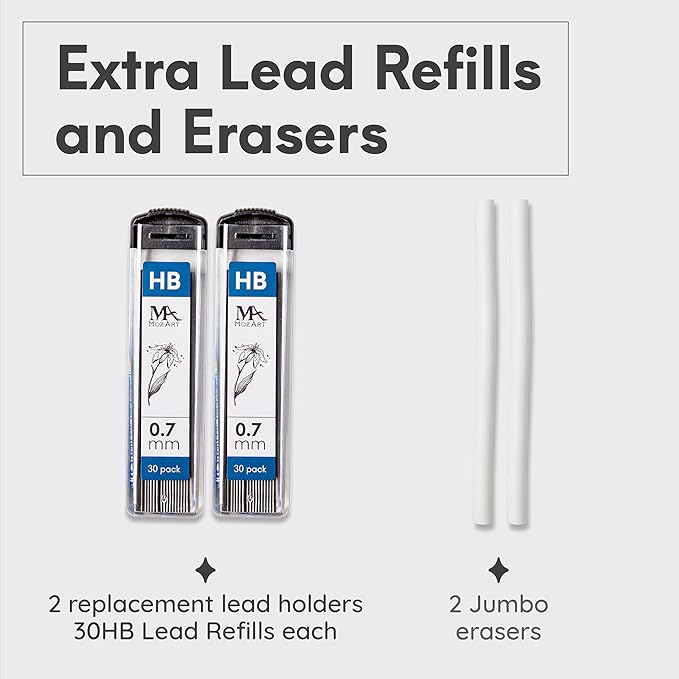 MozArt Mechanical Pencil 0.7mm Set with Case - With 2 x 30 HB Lead Refills, Eraser Pen With Refills -Sketch, Architecture, Drafting, Art, Drawing Supplies, Metal Mechanical Pencils