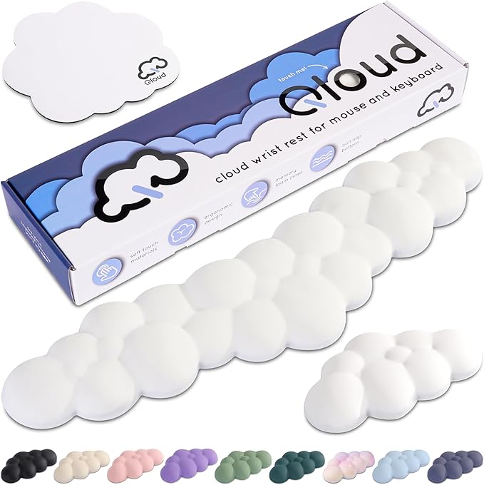 Qloud Cloud Wrist Rest Keyboard Wrist Rest for Computer Keyboard Pad, Cloud Keyboard Wrist Rest, Wrist Pad for Keyboard, Memory Foam, Non Slip Base, Comes with Mouse Pad - White