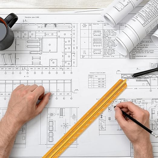 Architectural Scale Ruler, Imperial Measurements 12'', Laser-Etched Aluminum Architect Triangular Ruler Gold for Architects, Students, Draftsman, and Engineers by mveohos