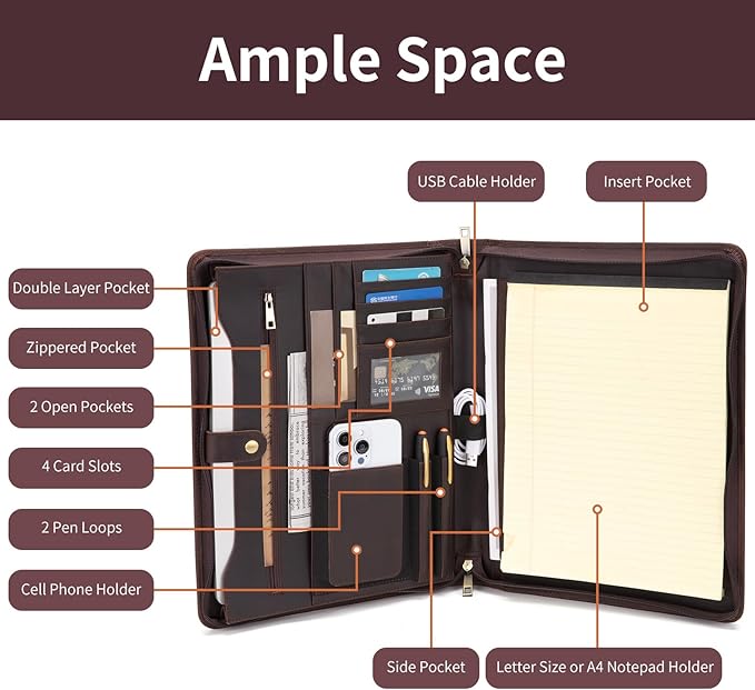 Personalized Genuine Leather Portfolio Binder, Zippered Padfolio for Men Women, Business Folio with 8.5” x 11” Notebook Holder and 13” Laptop Sleeve, Professional Folder, Dark Brown