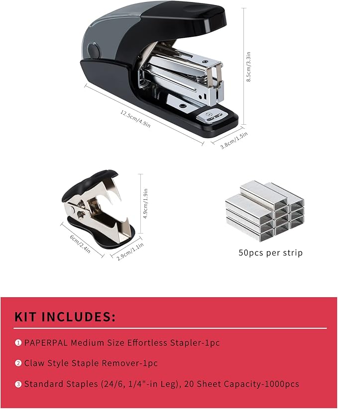 PAPERPAL Effortless Standard Stapler Set, 20 Sheet Capacity, Half Strip, Built-in Staples Storage, Holds 1/4" Staples, Includes 1000 Staples and A Staple Remover, Office, School & Personal Use, Black