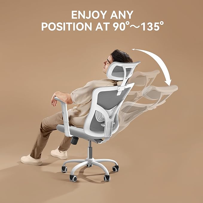 NOBLEWELL Ergonomic Office Chair, Desk Chair with 2'' Adjustable Lumbar Support, Headrest, 2D Armrest, Office Chair Backrest 135° Freely Locking and Rocking, Computer Chair for Home Office