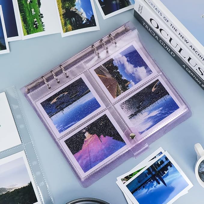 Purple Glitter PVC Kpop Photocard Binder Loose Leaf 6-Ring Wide A5 Photocards Holder with 4 Inch 200 Pockets Photo Pages Transparent Card Sleeve Protectors Page for Photos Cards Album Folder Organizer