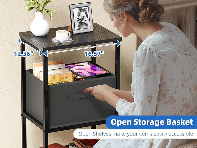 Printer Stand with Drawer Storage, 3 Tier - Heavy Duty Metal Shelving Unit with Wood Desktop, Industrial Printer Side Table with Wheels for Scanner Fax Machine, Black