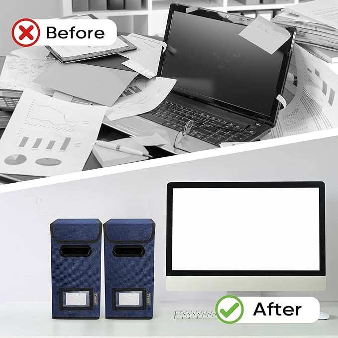 BALEINE File Organizer Box with Lid, Collapsible File Folder Organizer with Plastic Slide, Hanging File Folder Box for Office Document Storage (1 Pack, Blue, S)