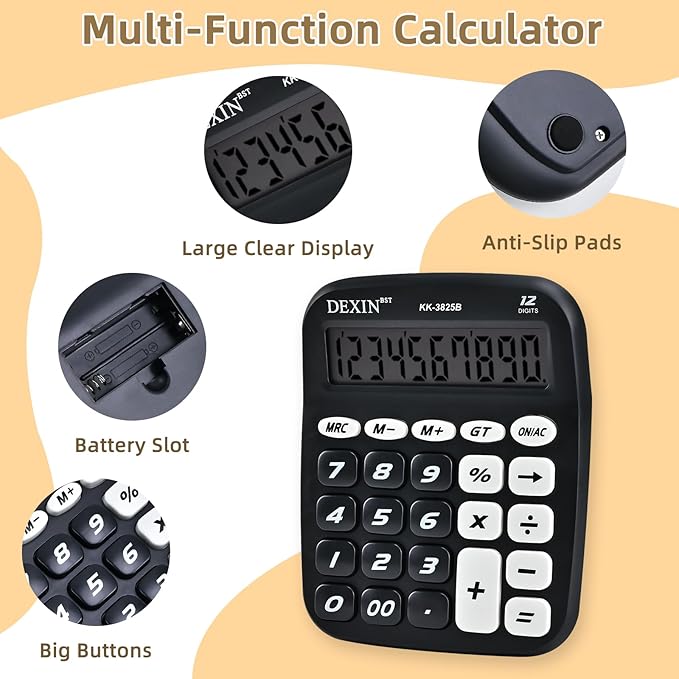 Cute Calculators Desktop, 12 Digit Basic Calculator with Big Buttons, Aesthetic Desk Accessories Large LCD for Office School Supplies (Black)