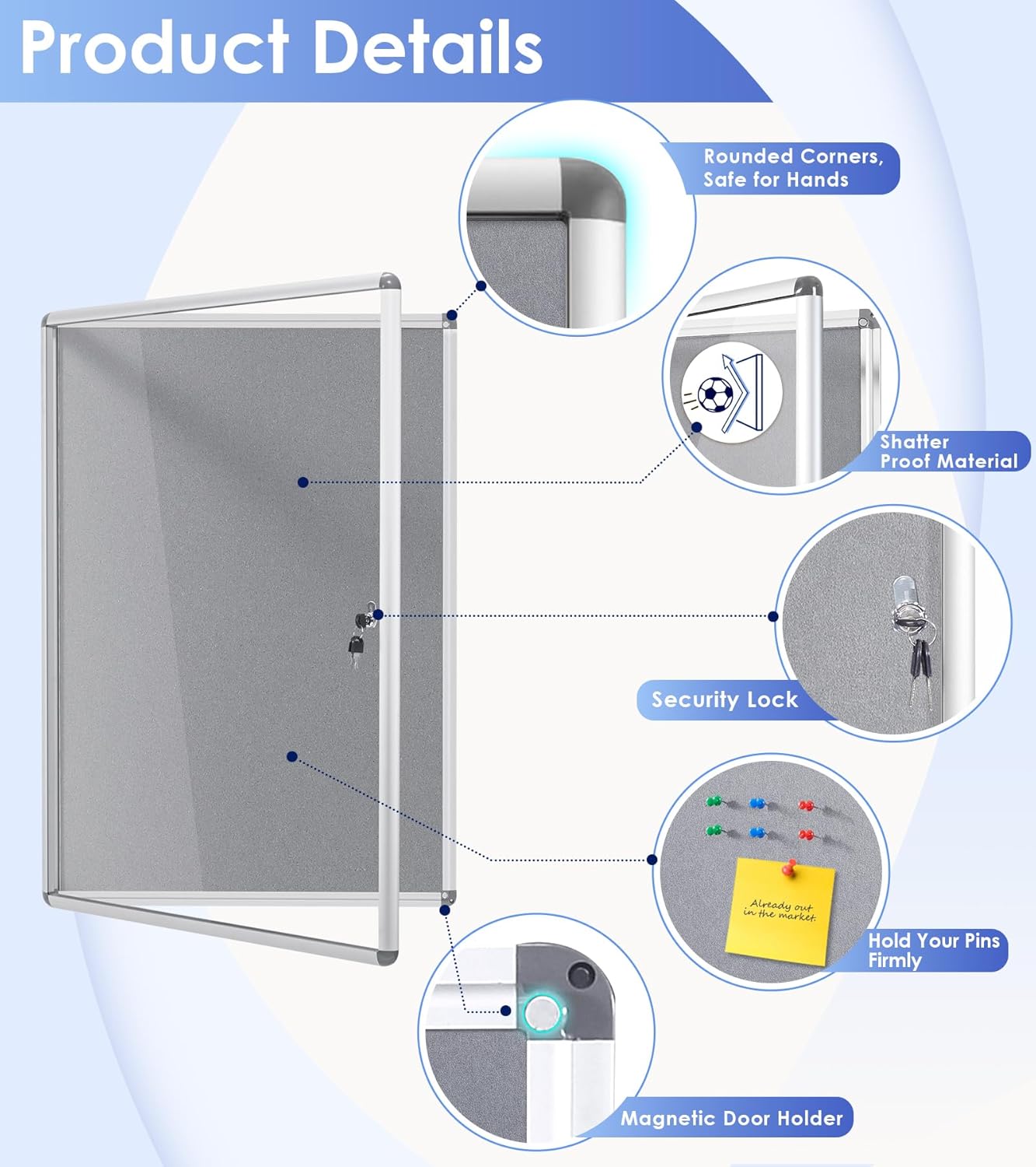 SWANCROWN Enclosed Bulletin Board 36x24 in, Tamperproof Lockable Grey Felt Board Wall Display Case for Office School Home, Aluminum Frame