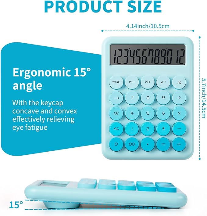 Calculator, Desk Calculators, Cute Blue Calculator, 12 Digit with Large LCD Display, Basic Standard Calculator, Big Button, Aesthetic Calculator, Mechanical Calculator for Office School