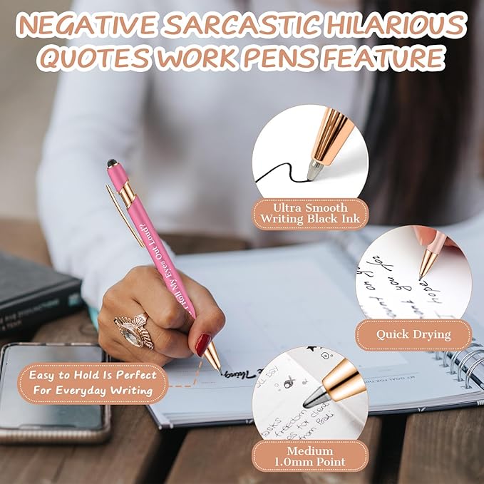 Snarky Funny Office Pens,12 Pcs Negative Sarcastic Hilarious Quotes Work Ballpoint Pens with Stylus Tip for Colleague Co-workers Gift Black Ink (Style 1, 12)