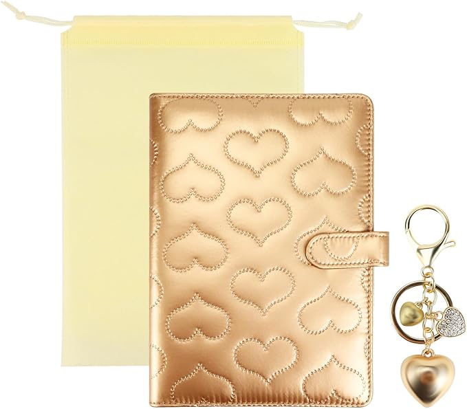 A5 PU Leather Cotton-Padded Binder 6-Ring Notebook Binder Cover with Gold Keychain for A5 Filler Paper, Refillable A5 Personal Planner Budget Binder with Magnetic Buckle Closure (Gold, A5)