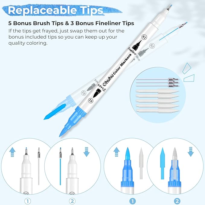 Ohuhu Markers for Adult Coloring Books: 160 Colors Coloring Markers Dual Tips Fine & Brush Drawing Pens Water-Based Art Markers for Kids Adults Sketch Bullet Journal with Carrying Case - Maui - White