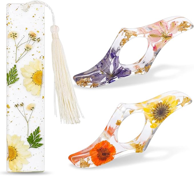 Book Lover Gifts, 2 Pcs Thumb Book Page Holder Dried Flower Resin Book Page Holder and 1 Pcs Bookmark with Tassel, Christmas Gifts Stocking Stuffers for Women Kids