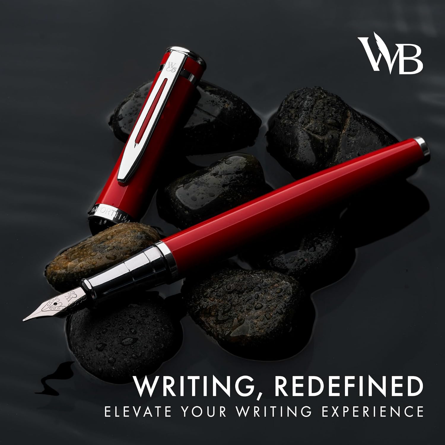 Wordsworth & Black Fountain Pen Set, Medium Nib, Includes 24 Pack Ink Cartridges, Ink Refill Converter & Gift Pouch, Chrome Finish, Calligraphy, [Crimson Red], Perfect for Men & Women