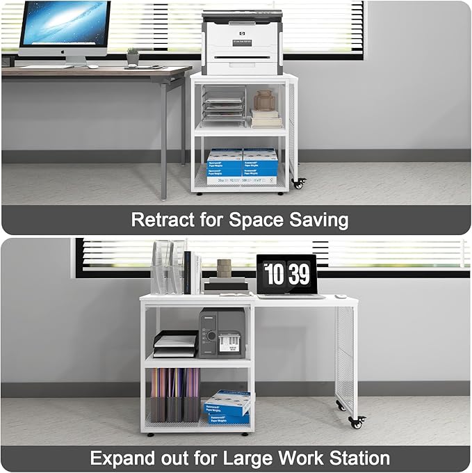 Natwind Large Printer Stand with Storage Shelves,Extendable Home Craft Table,Home Office Organization Desk, Versatile Table for Home Office, Kitchen, Study Room, Living Room (White)