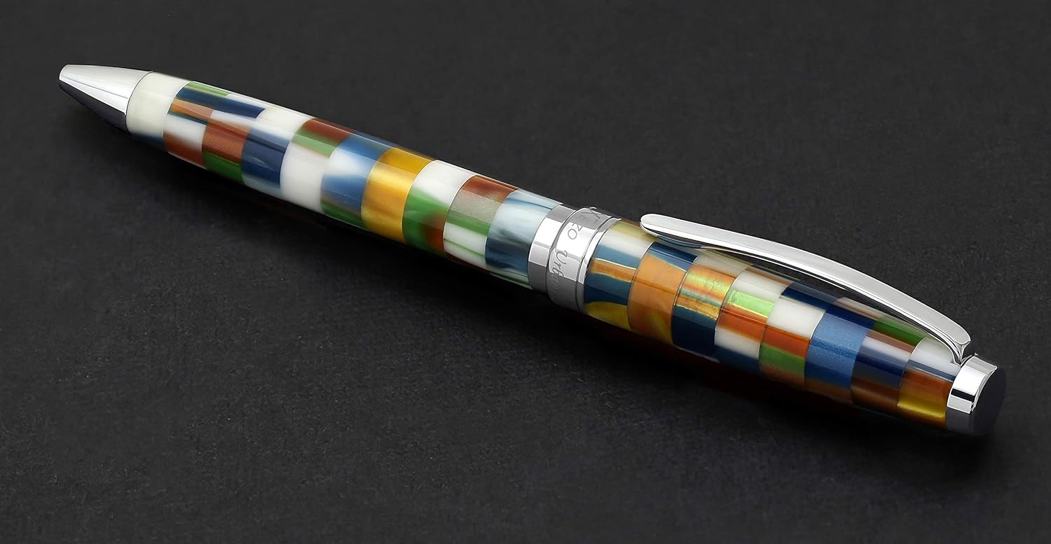 Xezo Urbanite II Twist Action Ballpoint Pen, Medium Point. Jazzy Multicolor Checkered Acrylic on Brass. Chrome Plated. Handcrafted, Limited Edition, Serialized