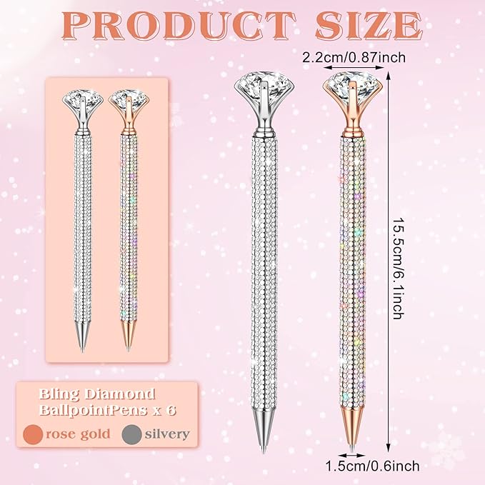 Jeyiour 6 Pcs Big Diamond Pens with Crystal Bling Rhinestone Metal Glitter Diamond Ballpoint Black Ink Pens Wedding Bridal Shower Favors for Birthday Gift Supplies(Silver, Rose Gold)