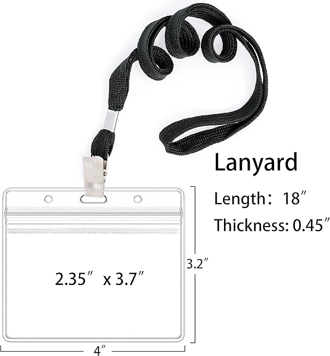 100Pcs Clear Plastic Horizontal Name Tags Badge ID Card Holders and 100Pcs Black Lanyards with Clip lanyards for id Badges (Black)