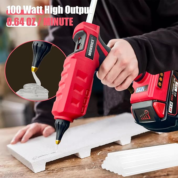 MONVICT 100W Cordless Glue Gun for Milwaukee 18V Battery, Upgraded Digital Temperature Adjustable Handheld Electric Power Full Size Heavy Duty Hot Glue Gun with 10 Glue Sticks (Tools only)