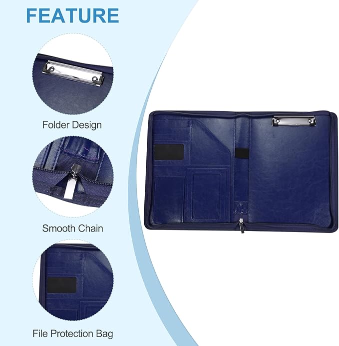 PATIKIL A4 Business Portfolio, PU Leather Padfolio Organizer Legal Document Folder Zipper Professional Clipboard Sleeve Binder for Resume Interview, Blue