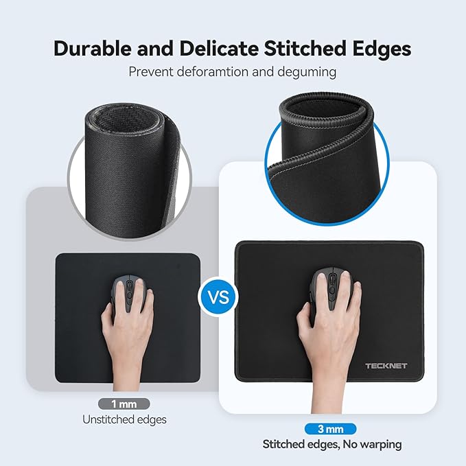 TECKNET Mouse Pad with Anti-fray Stitching, Waterproof Surface & Non-Slip Rubber Base with Stitched Edges Gaming Mouse Mat for Laptop，Compatible with Laser and Optical Mice - Black