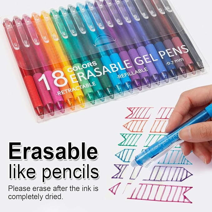 Vanstek 18 Colors Retractable Erasable Gel Pens Clicker, Fine Point(0.7), Make Mistakes Disappear, Premium Comfort Grip for Drawing Writing Planner and Crossword Puzzles