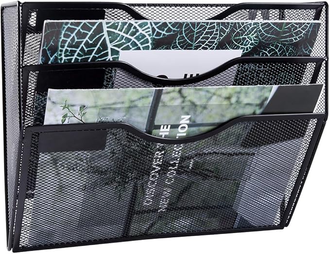 EASEPRES 3 Pocket Mesh Hanging Wall File Organizer, Wall Mounted Mail Paper Document Folder Holder, Clipboard Storage Organization Magazine Rack with Nametag Label for Office Home School, Black