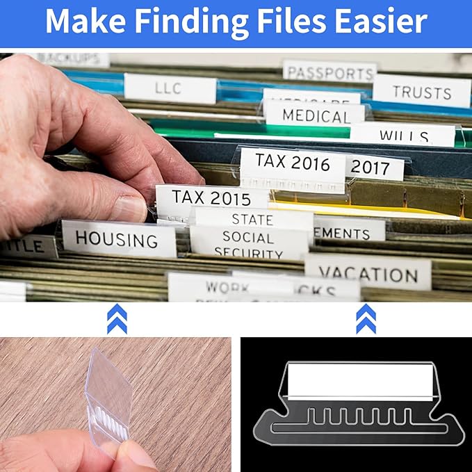 Hanging File Folder Tabs, 120 Pcs File Folder Tabs and 200 Pcs Inserts, File Tabs for Hanging Folders, Plastic Hanging Folder Tabs, Clear Hanging File Tabs for File Folders