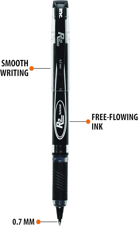Inc. R2 Rollerball Pens - 0.7 mm Medium-Point Pen Set With Comfort Grip for School, Office, Writing, and Journaling, 12 Pack, Black Ink