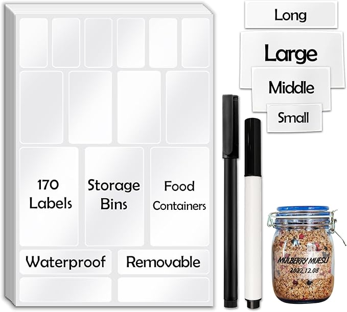 170Pcs Clear Removable Labels for Jars,for Storage Bins,for Food Containers with 2 Liquid Chalk Marker(Transparent)