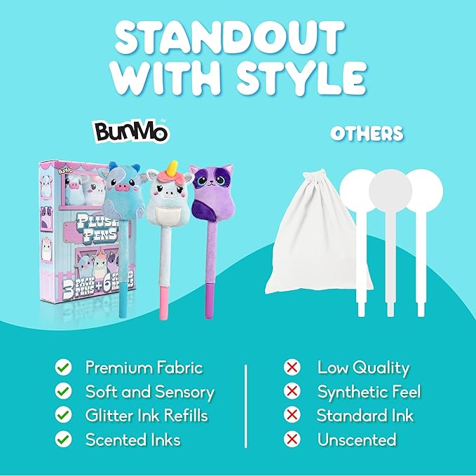 BUNMO Easter Gifts for Girls - Cute Pens - Cute Gel Pens w/Soft Grip & 6 Refills - Gifts for Tweens- Girls Easter Basket Stuffers - Fun Writing for Kids - Gift for Teens - Plush 3 Pack