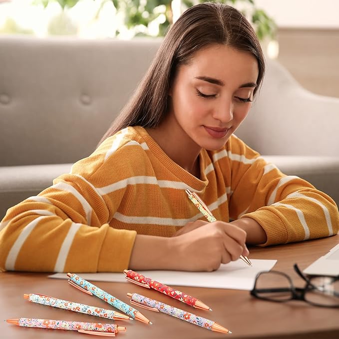 Glenmal 12 Pcs Flower Pens for Women Floral Ballpoints Pretty Fancy Pens Retro Floral Cute Ballpoints Black Ink Metal Retractable Writing Journaling Gifts for Office Supplies