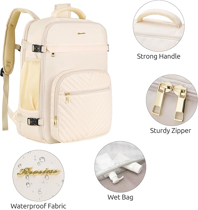 Travel Backpack for Women, Carry On Backpack for Airplanes Flight Approved, Waterproof Large Weekender Overnight Bag Fit 17 Inch Laptop with USB Charging Port, Beige