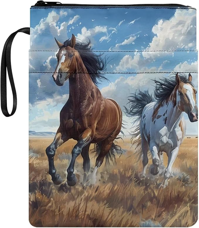 COEQINE Watercolorful Horses Book Cover Zippered Book Cover with Pen Holder Portable Book Pouch Book Lovers Hardcover Book Dust Cover Case Washable