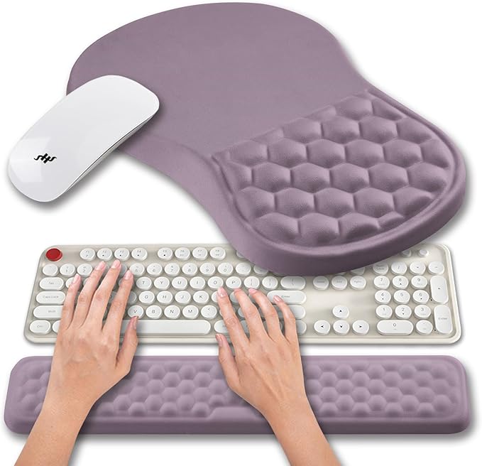 Hokafenle 2 in 1 Ergonomic Mouse Pad Wrist Support & Wrist Rest for Computer Keyboard Set, with Relieve Carpal Tunnel Pain Massage Bulge and Full Memory Gel Design (2In1 Set, Purple)