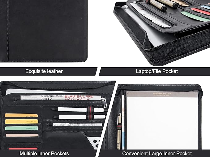 AZXCG Resume Portfolio,Zippered Padfolio Document Holder Business Folder Organizer, Faux Leather Matte Finish -Black (Customize)