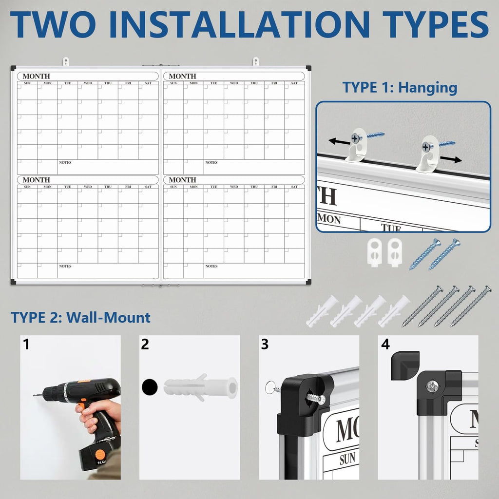 XBoard Magnetic Calendar Whiteboard 48x36 inch, 4 Month Foldable Dry Erase Board Planner, Silver Aluminium Framed White Board Calendar for Home School Office Organization