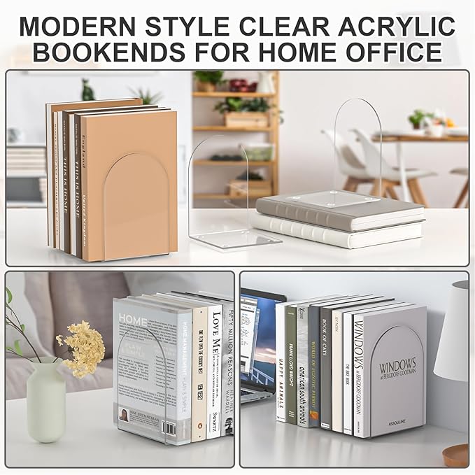 Acrylic Bookends 4 Pieces, Book Ends for Shelves, Clear Bookends for Book Shelves and Desktop Organizer, Transparent Bookends to Hold Books for Home Office Supplies