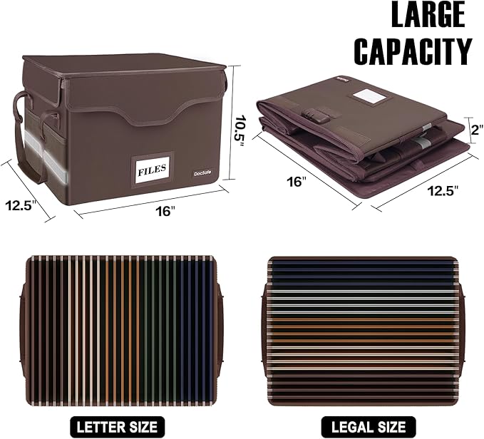 DocSafe File Box Fireproof Document Box with Lock, File Storage Organizer Box with Pockets,Collapsible Portable File Box Home Office File Cabinet with Handle for Hanging Letter/Legal Folder,Brown