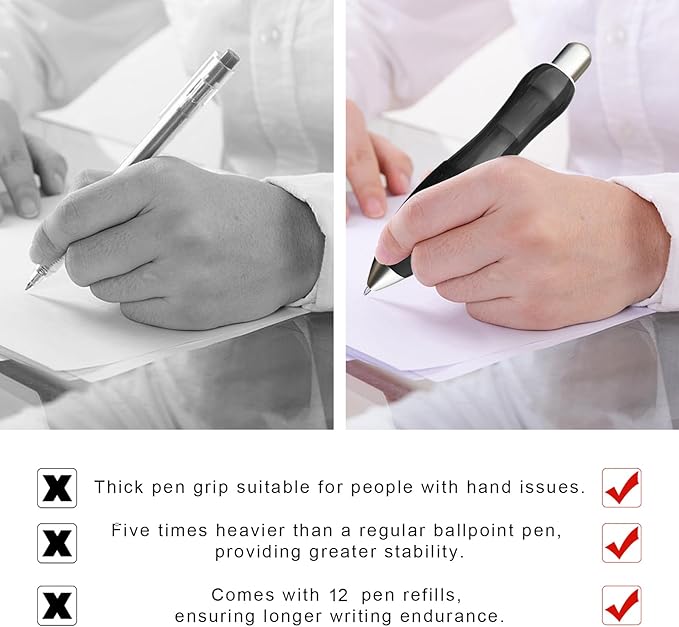 14pcs Big Fat Pens Aids Writing For Tremor, Arthritis, Parkinson, Handicap, Carpal Tunnel Large Wide Grip Pens (2 Pens + 6 Black Refills + 6 Blue Refills)