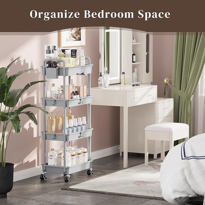 4 Tier Rolling Utility Cart with Drawer, Utility Storage Organizer with Plastic Shelf & Lockable Wheels Multifunctional Storage Cart for Kitchen, Bathroom, Office, Living Room, Gray