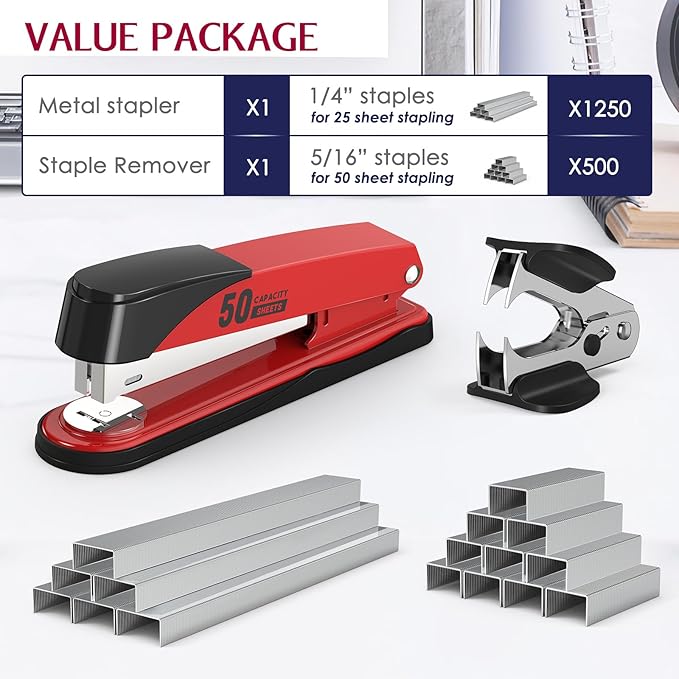 Metal Stapler Heavy Duty 50 Sheet Capacity with 1750 Staples and Staple Remover, Red Stapler Full Strip Staplers for Desk, No Jam, Non-Slip Office Stapler with Staples for Office & Classroom, Red