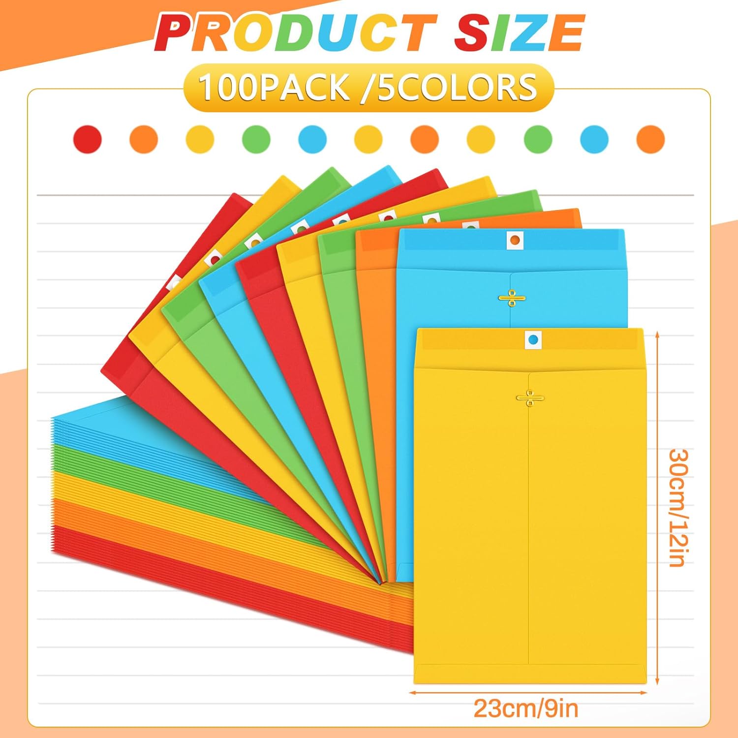Geyee 100 Pcs Clasp Manilla Envelopes 9 x 12 Inch Gummed Colored Envelopes for Storing or Mailing for Home Office Business Supplies(Multicolor)