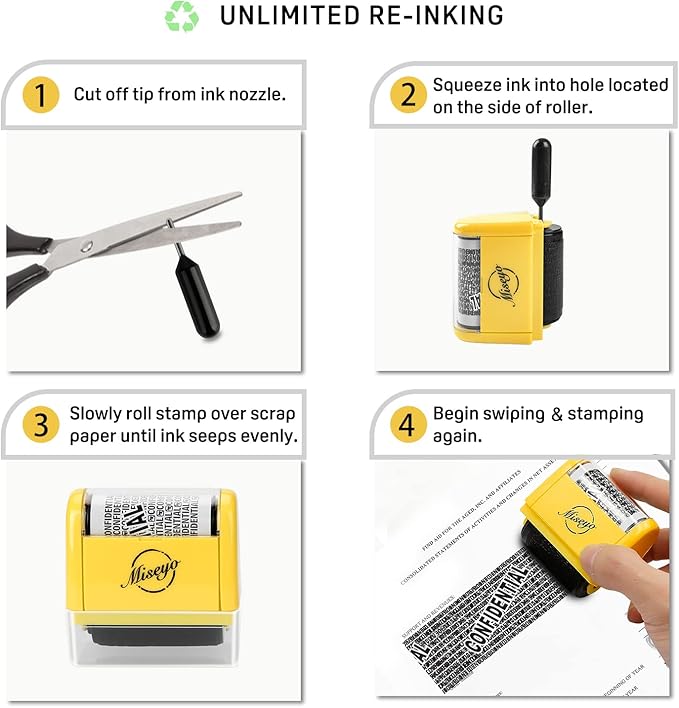 Miseyo Identity Theft Protection Roller Stamp Set - Yellow (6 Refill Ink Incleded)