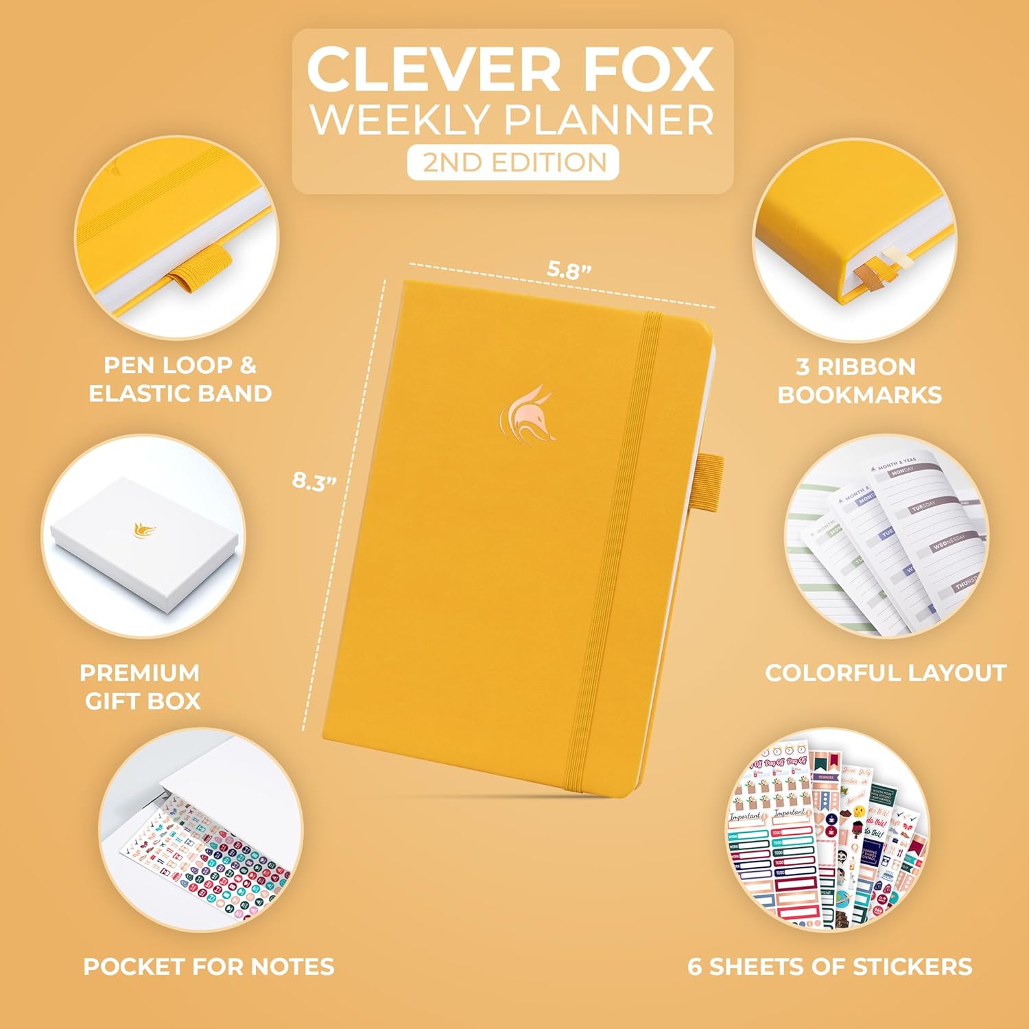 Clever Fox Planner 2nd Edition – Colorful Weekly & Monthly Goal Planner, Time Management & Productivity Organizer, Undated, A5 (Amber Yellow)