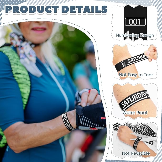 Henoyso 600 Pcs Saturday Paper Wristbands Event Wristbands Paper Bracelets Wristbands Numbered Waterproof Party Wristbands for Events Day of The Week(Black)