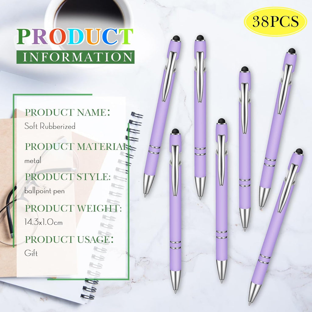 Zonon 38 Pieces Rubberized Ballpoint Pen with Stylus Tip Stylish Metal Pen Capacitive Styli with Soft Rubberized Grip, Black Ink for Most Devices(Purple)
