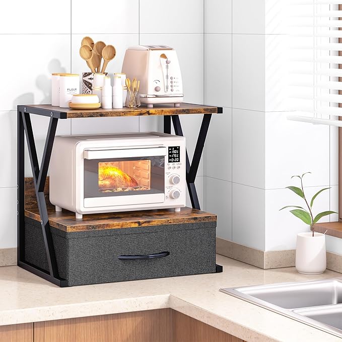 aboxoo Printer Stand For Desk With Storage Drawer, 2 Tier Desktop Or Under Desk Shelf, Multi-Purpose Desk Organizer For Home Office, fit Fax Machine/3D Printer/Scanner, Rustic Brown