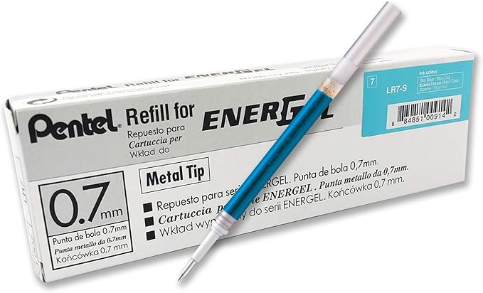 Pentel Refill Ink For EnerGel and Lancelot Gel Pen, (0.7mm) Metal Tip, Sky Blue Ink, Pack of 12 (LR7-S)