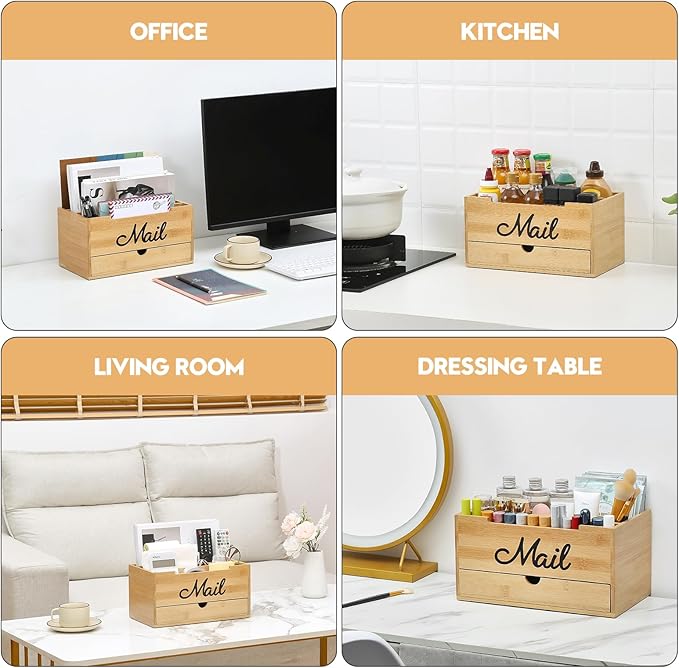 Qozary Mail Organizer Countertop - Adjustable Compartment Mail Letter Holder with Drawer, Bamboo Mail Sorter for Desk, Desktop File Organizer Holder, Desk Accessories Organizer for Home Office